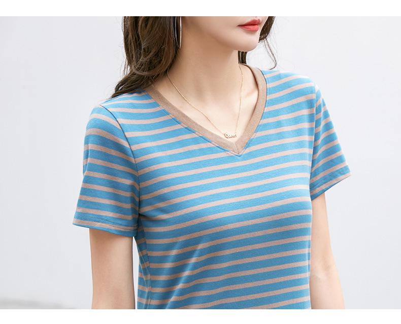 Striped Color Block V-Neck Retro Short Sleeve Women's Stylish Summer Top - New Arrival 