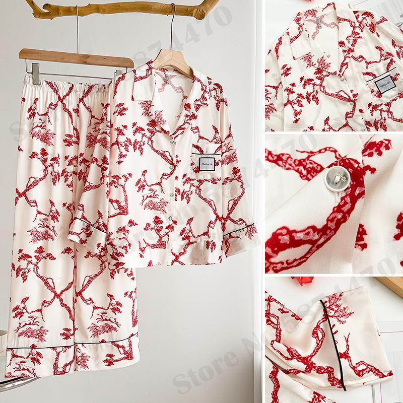 

Весна Лето 2 шт пижамный комплект женская домашняя одежда элегантный шелковистый атлас пижама брючный костюм свободная повседневная домашняя одежда ночная одежда M красный