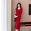 Pure desire style red chest long-sleeved dress women's clothing autumn and winter design sense slim temperament inner hip-wrapped dress