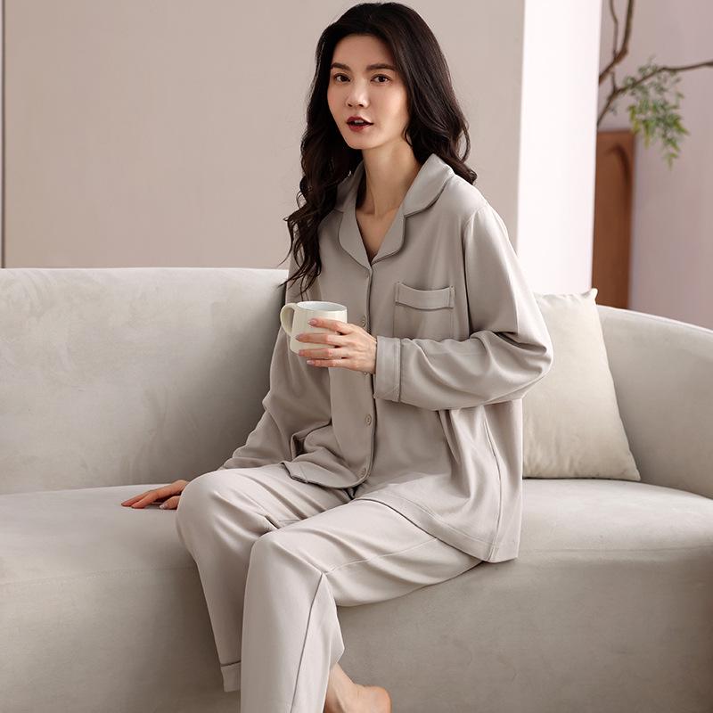 Women's Pure Cotton Long Sleeve Pajama Set - Loose Fit, Plus Size, for Autumn/Spring