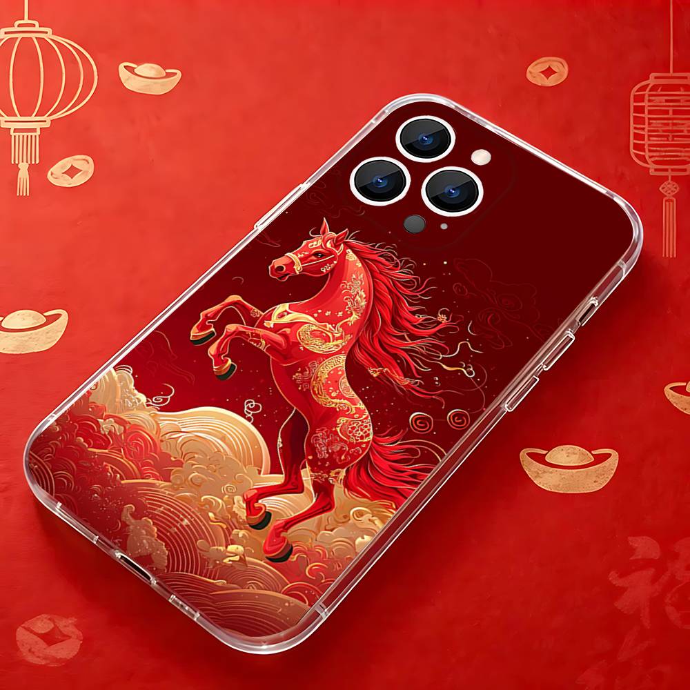 Fashion Chinese-Style Red Horse Phone Case for iPhone 16 15 14 13 12 11 17 Plus Pro Max X XR XS Max Soft Clear Tpu