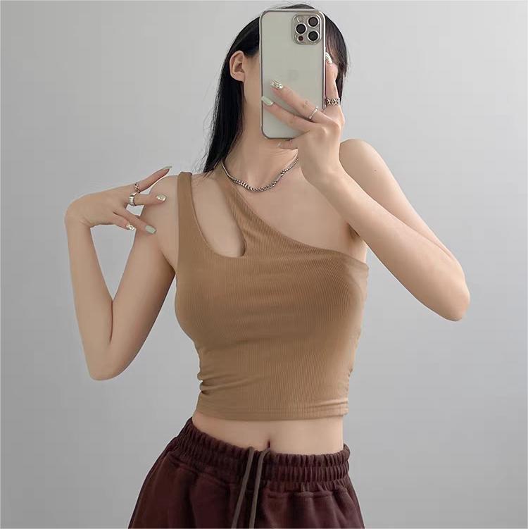 Haut court Sexy pour femmes, couleur unie, extensible, tricot sans manches, asymétrique épaule dénudée, débardeur basique dos nu
