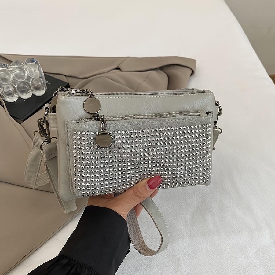 Rhinestone-Studded Shoulder Bags for Women Zip Closure Trendy Small Square Ladies Clutch Bag Small Crossbody Bags for Women