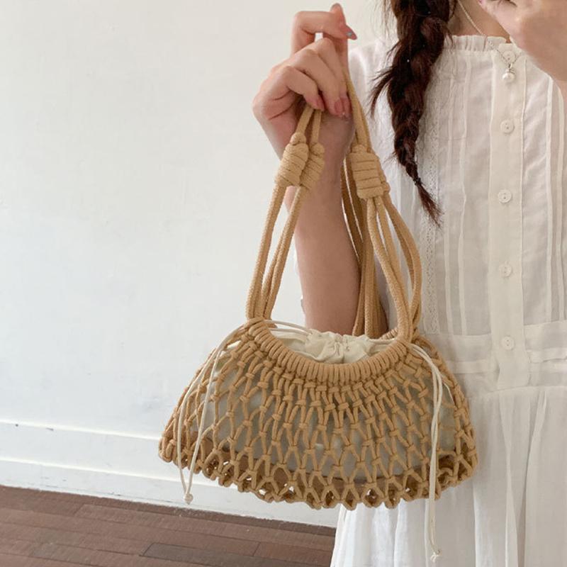 Yogodlns Summer Woven Net Shoulder Bag for Women Beach Hollow Out Crossbody Bag Retro Bohemian Vacation Daily Use Purse