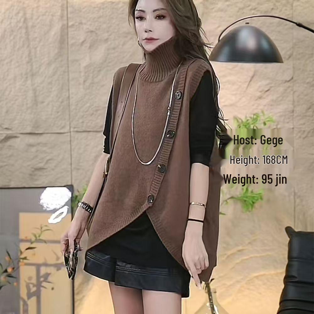 Women's Irregular Knit Sleeveless Sweater Vest - Autumn/Winter 2024, Loose Fit with Half-High Neck