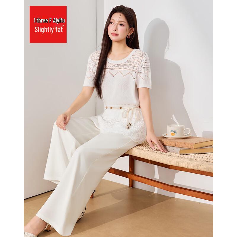 IEF Plus Size Hollow Knit Top & Wide-leg Pants Set L