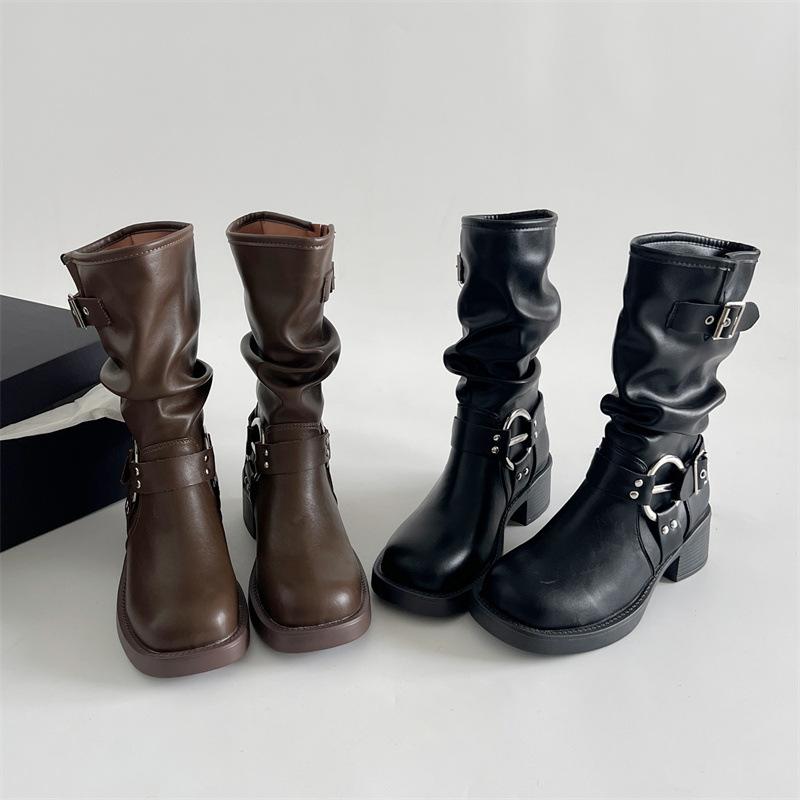Thick Heel Women Mid Calf Boots Fashion Buckle Decoration Shoes Autumn Winter Ladies Western Cowboy Boots