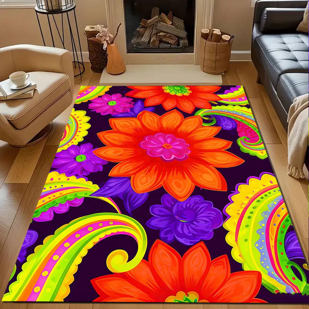 Vibrant Floral Paisley Design Patterned Carpet, Non Slip Mat Suitable for Living Room and Bedroom Sofas