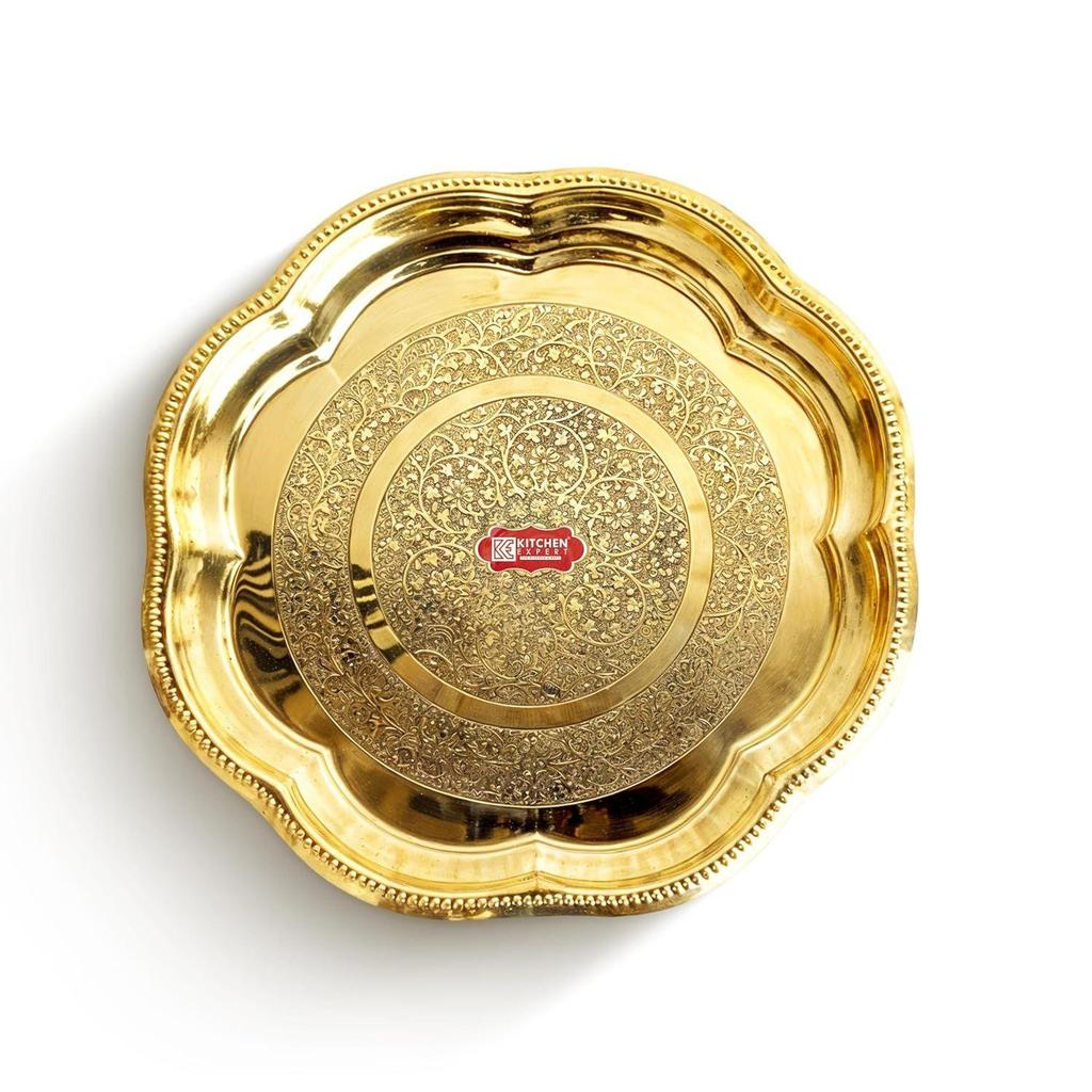Kitchen Expert Small Brass Plate | 15cm | Pooja Thali | Engraved Flower Design | Ideal