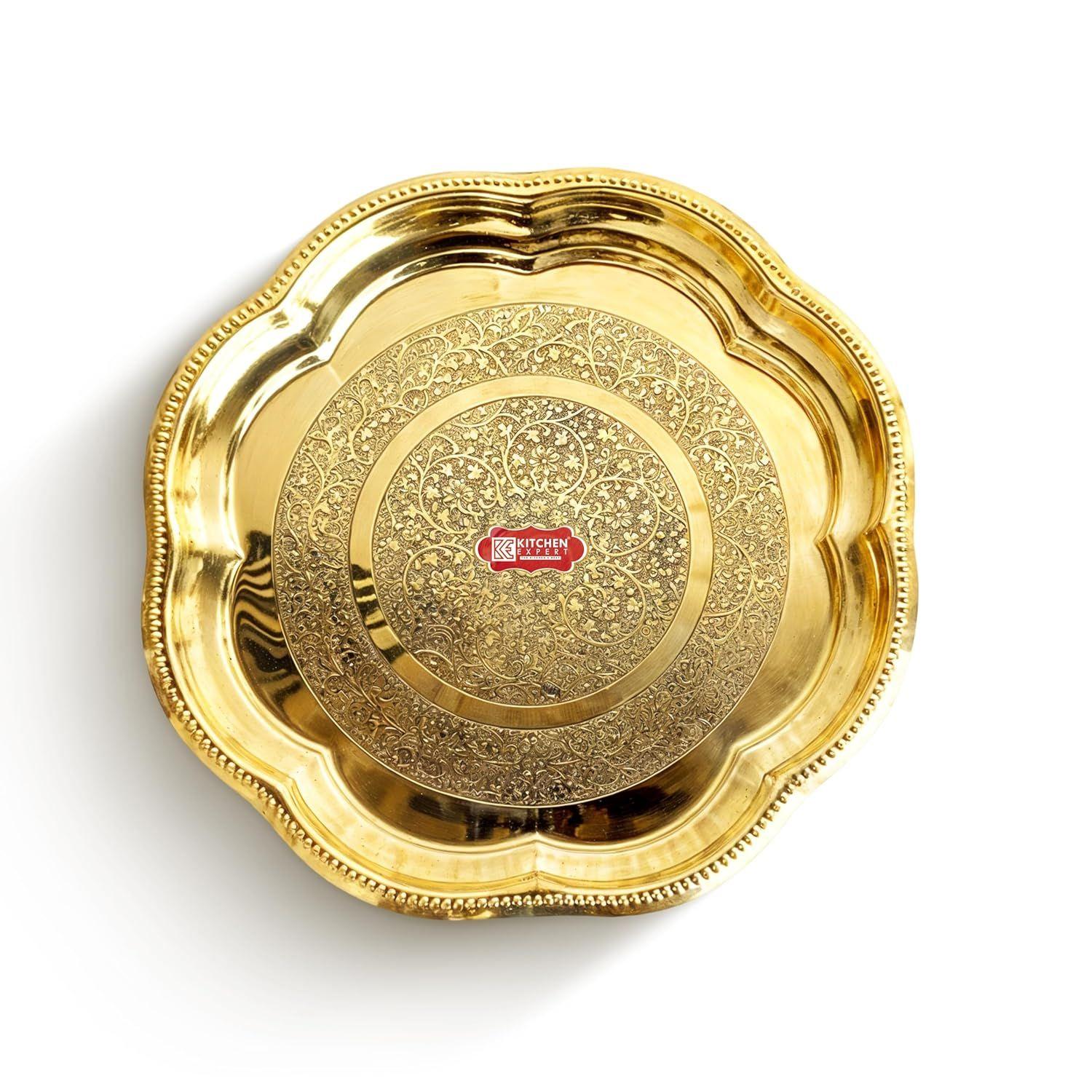 Kitchen Expert Small Brass Plate | 15cm | Pooja Thali | Engraved Flower Design