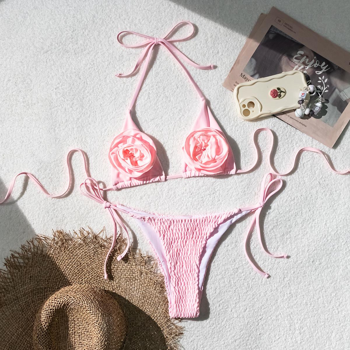 European And American Bikini Solid Color Sexy Hit Bikini With Decorative Three-Dimensional Flower Sexy Female Split S