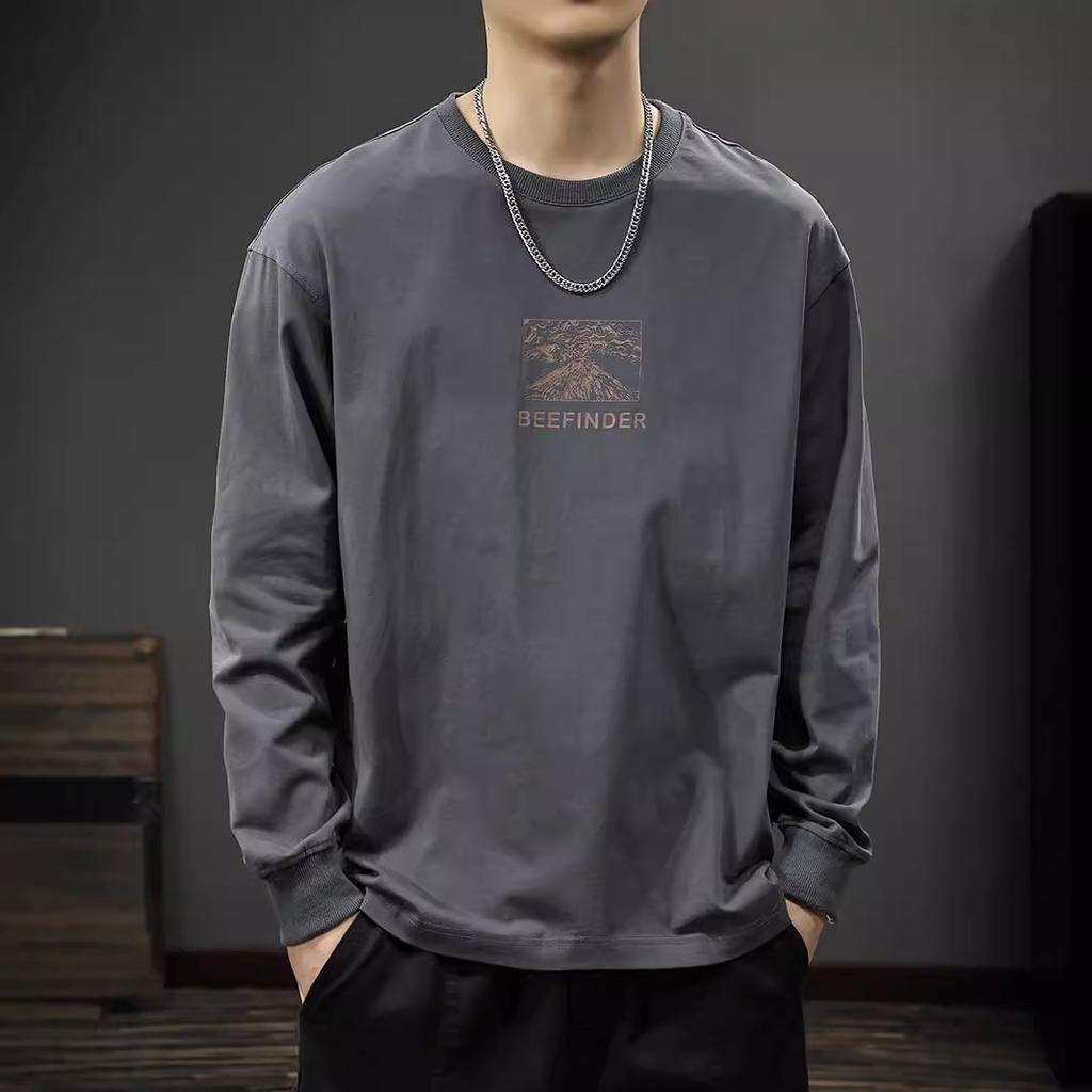 Autumn American Retro Printed Long-Sleeved T-Shirt Men'S Loose Large Size Heavy Cotton Bottoming Shirt Crew Neck Sweater