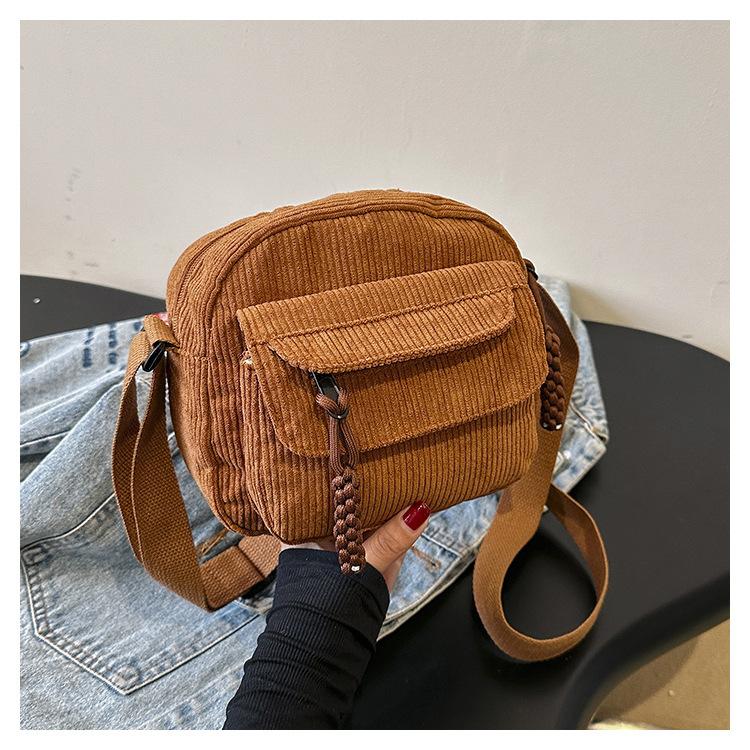 Corduroy Simple Solid Color Strip Velvet Bag Women'S Bag Winter Round Striped Shoulder Underarm Bag