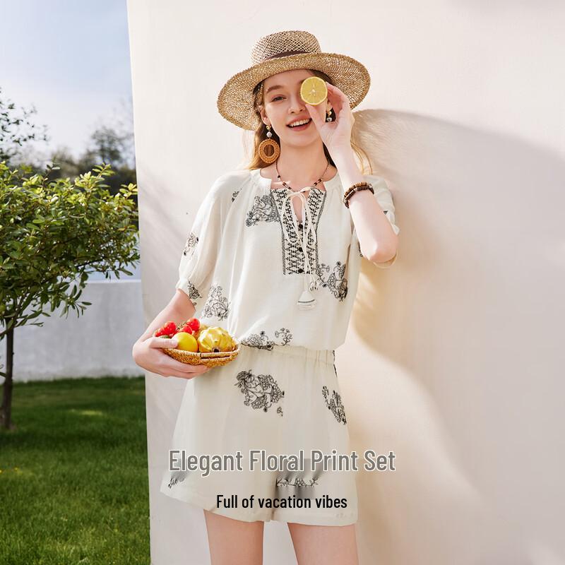 Xiangying Retro Print Shirt & Shorts Set XS