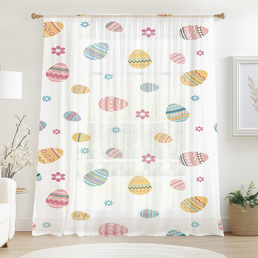 1Pc Sheer Curtain, Pastel Easter Eggs And Floral Pattern, Suitable For Bedroom And Living Room, Rod Pocket Style