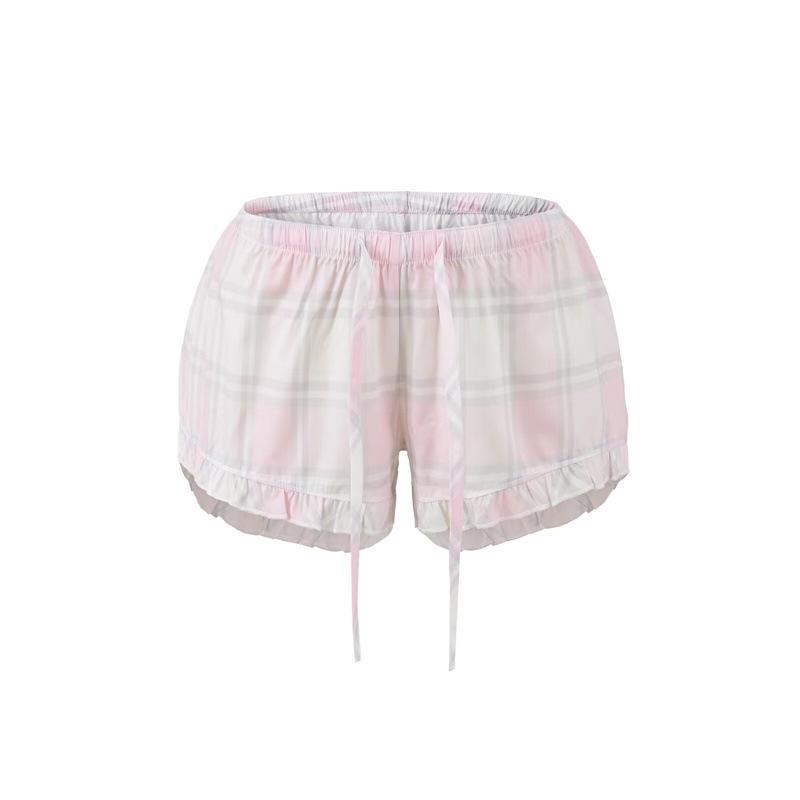 Women s Pink Plaid Retro Lace-Up Ruffle Mini Shorts Small