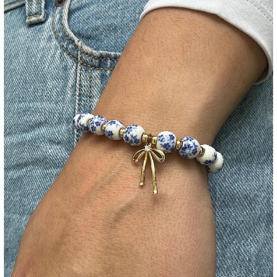 Beaded Bracelets for Women,Bow Charm Blue Flower Gold Plated Jewelry Women
