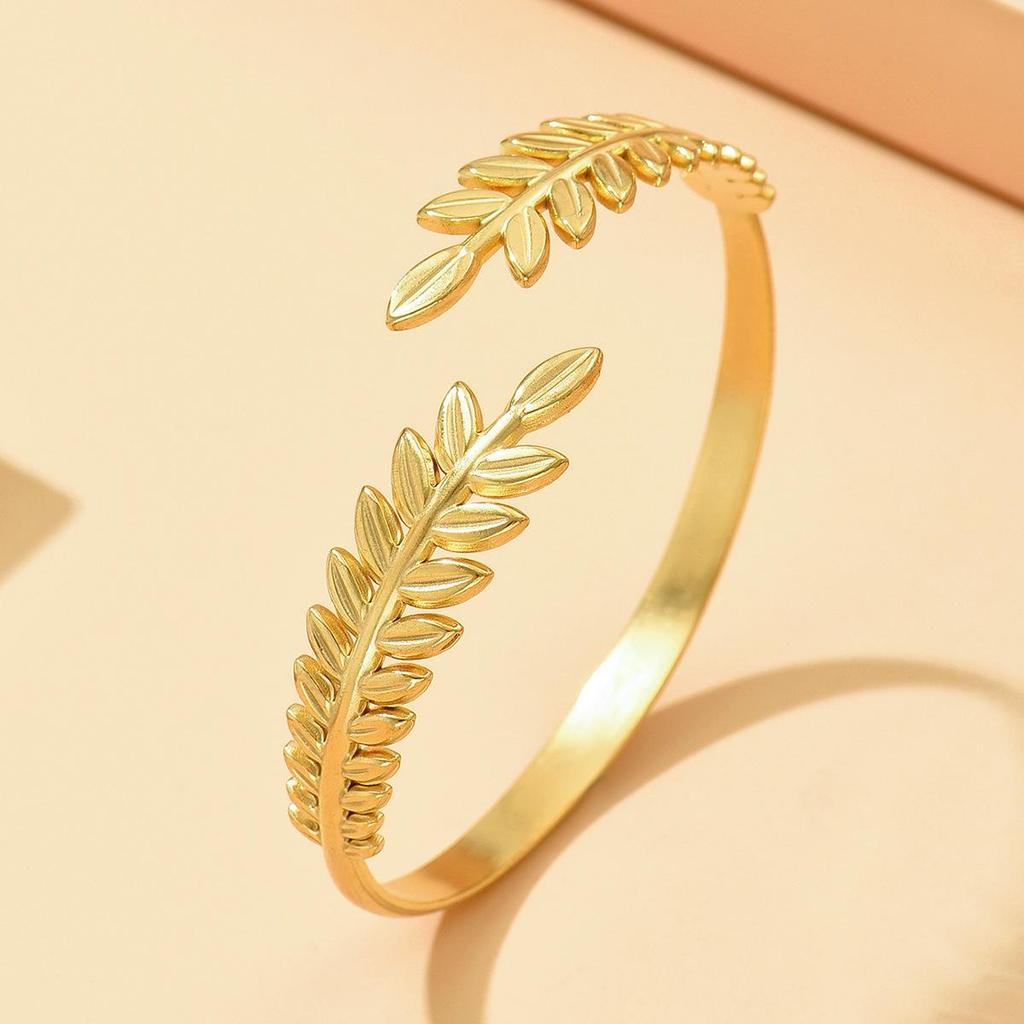 Elegant Stainless Steel Leaf Bracelet for Women - Forest Style with Versatile Wheat Ear Open Cuff Design