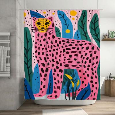 Vibrant Printed Animal Shower Curtain: Leopard Design In Bold Pink With Green Leaves Waterproof Fabric For Bathroom Decorations