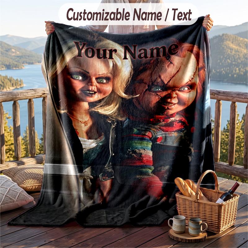 Custom Text Flannel Throw Blanket, Lightweight Cozy Bed Sofa BlanketChild's Play Chucky Tiffany