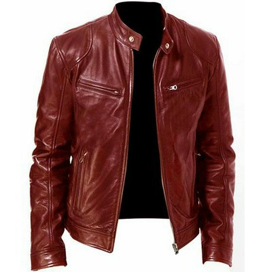Men's Slim Fit PU Leather Stand Collar Motorcycle Jacket with Zipper and Pocket Details.