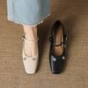 Krazing Pot Microfiber Square Toe Thick Med Heels Spring Summer Shoes Big Size 43 Flowers Decoration Women Office Lady Pumps