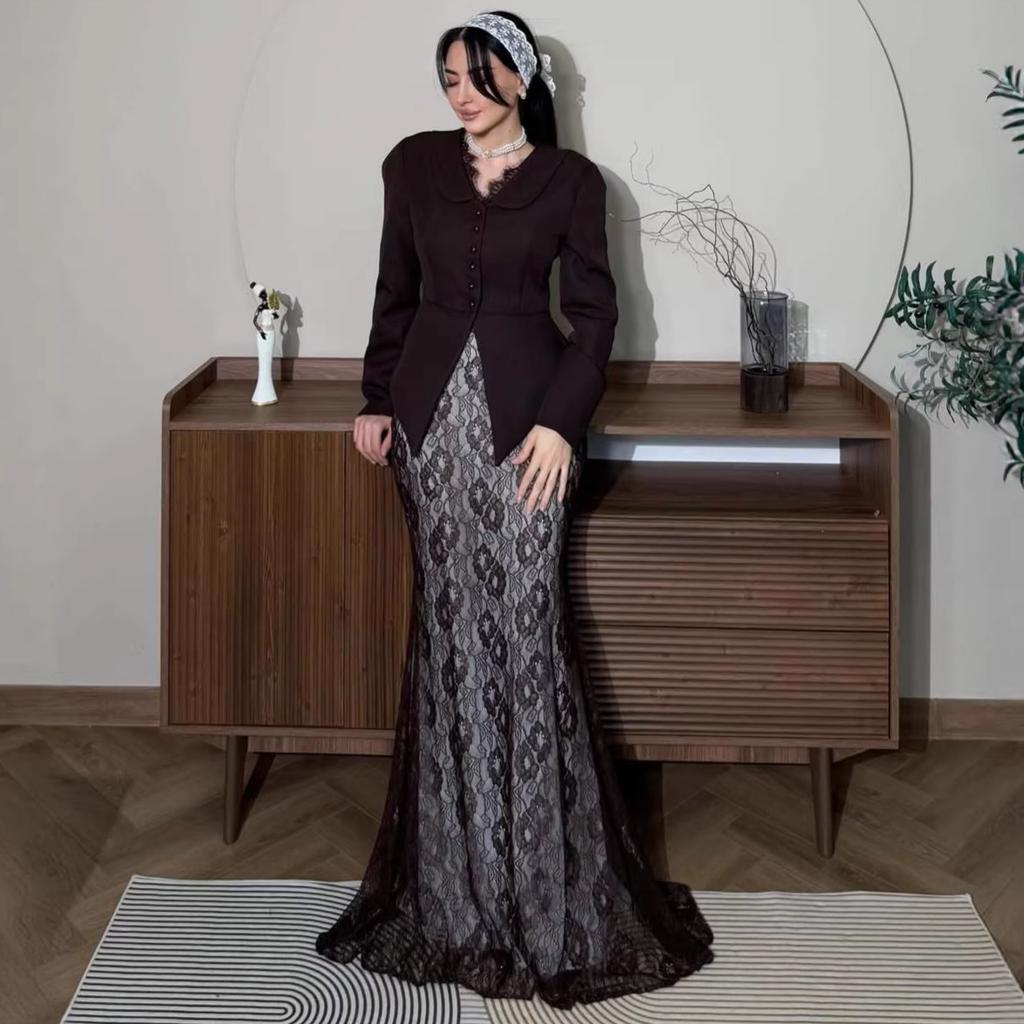 Cross-border European and American women's clothing Amazon casual button V-neck top celebrity fashion lace skirt