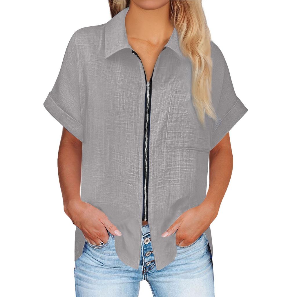 Damski letni top z krótkim rękawem, dopasowana koszula, modne ubrania codzienne, koszula zapinana na zamek, top z krótkim rękawem