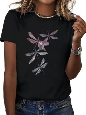 Camiseta Vintage Feminina Casual Manga Curta Estampa de Libélula Casual Verão Primavera Roupas Femininas Top Tee
