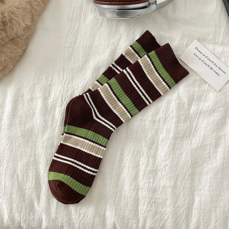 

Носки Ankela Red с двойной иглой, в стиле ретро, с цветными блоками и полосками, модные носки до середины икры для женщин, носки Dui Dui 1 pair кофейный