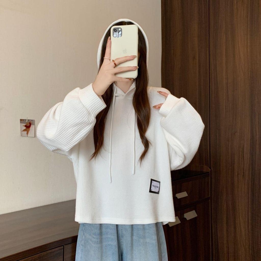 Women's Plus Size Ribbed Hoodie, Long Sleeve, 2025 Autumn/Winter, Korean Style, Loose, Slimming, Versatile, Warm Top