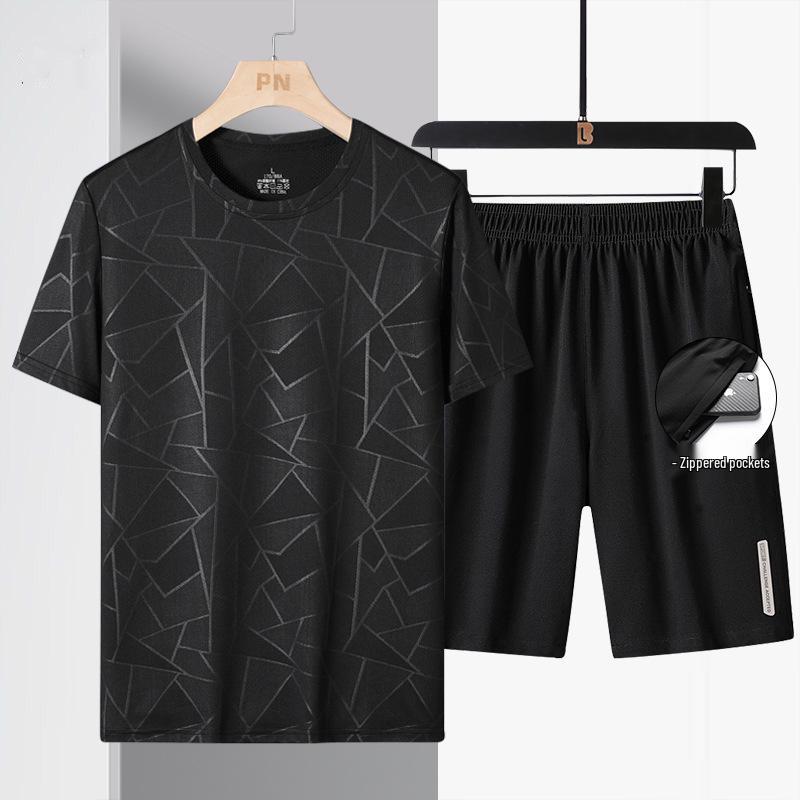 2024 Men's Ice Silk Summer Set: Short-Sleeve T-Shirt, Dad Style, Three-Piece for Middle-Aged and Elderly
