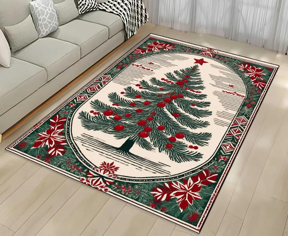 Christmas Decoration Carpet Christmas Tree Print Winter Warmth Rug Living Room Bedroom Non Slip Mat Christmas Decoration Gift