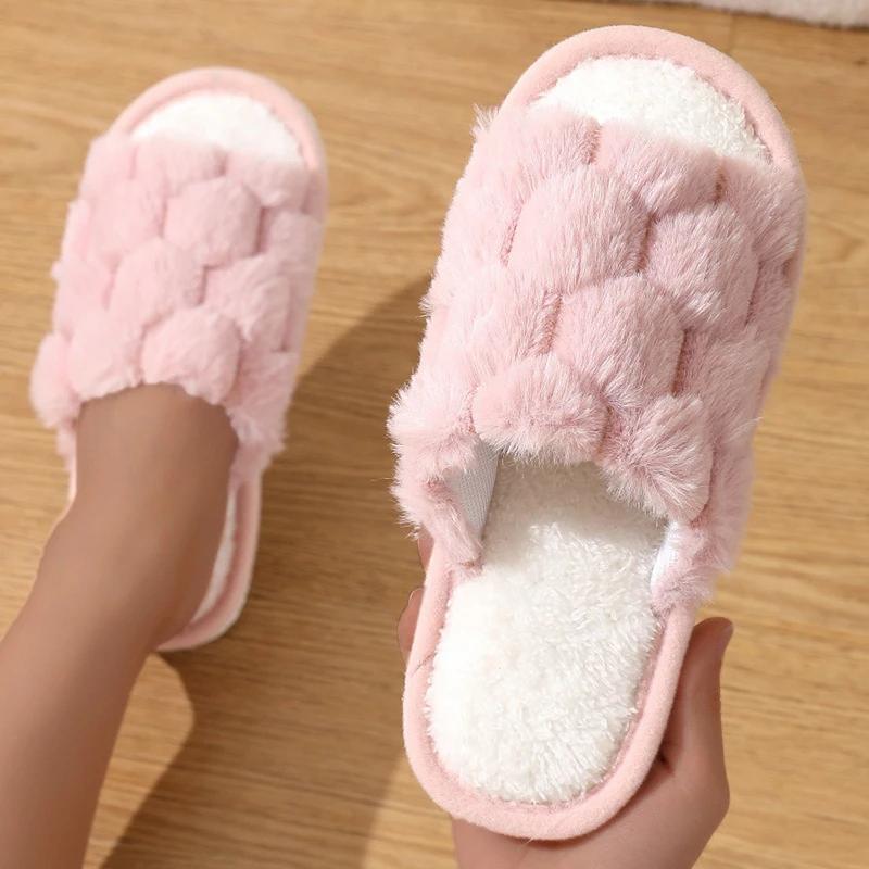Fashion Faux Rabbit Fur House Slippers for Women Soft Sole Open Toe Home Cotton Shoes Woman Lightweight Warm Fluffy Indoor Slippers 2025