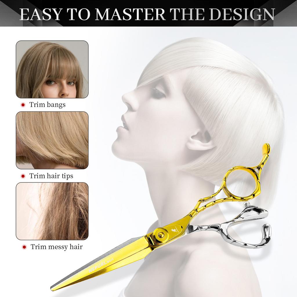 Tesoura de Cabelo Neptune Beauty Dourada Brilhante de 6,0 Polegadas com Cabo Dentado, Tesoura de Cabelo Tesoura Dentada, Fina