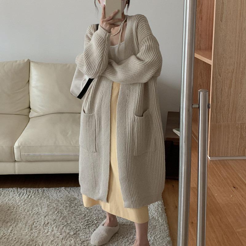 

Coarse wool sweater women s loose lazy wind medium and long cardigan women s clothing autumn and winter simple big pocket knitted jacket One size