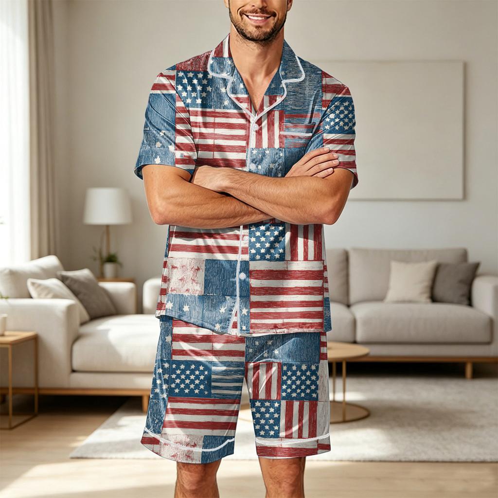 Men Satin Short Sleeve Pajama Set Two Piece Sleepwear with Shorts and Pocket Lightweight Smooth Fabric Comfortable Fit