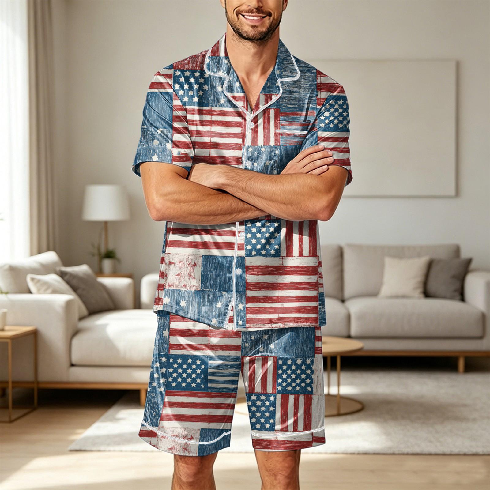 

Men Satin Short Sleeve Pajama Set Two Piece Sleepwear with Shorts and Pocket Lightweight Smooth Fabric Comfortable Fit XXL синий