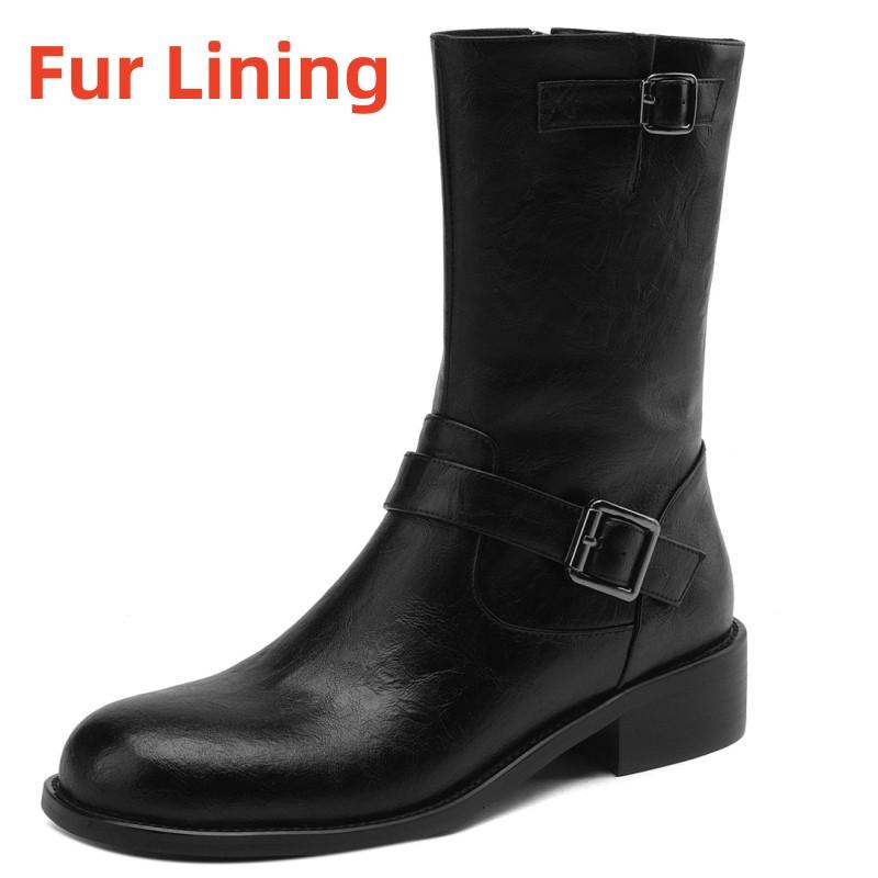

Genuine Leather Mid-calf Boots For Women 2024 New Trends Autumn Winter Shoes Western Motorcycle Boot Comfortable Large Size 48 39