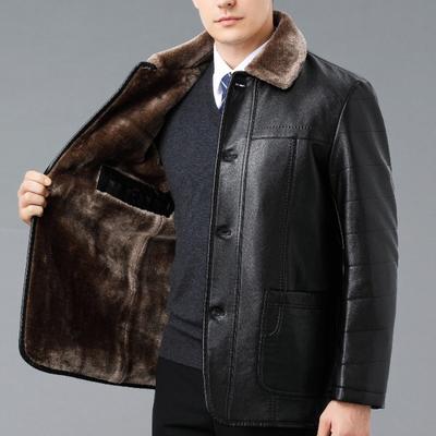 Winterpelz-Einteiler-Lederjacke für Mittelalte und Ältere Echtes Leder Schafsleder Herren Samtverdickte Lederjacke Mantel Oberteil