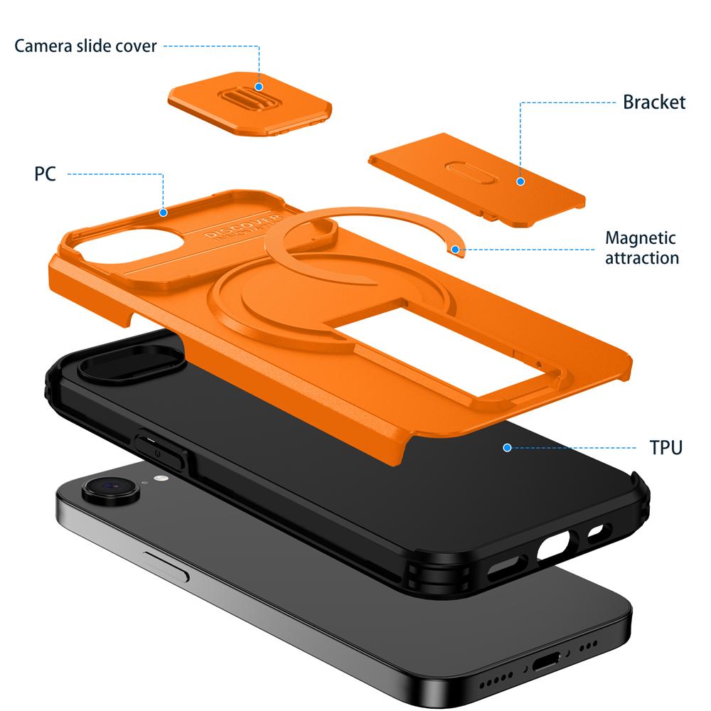 KEYSION Shockproof Armor Magnetic Case for iPhone 16e Silicone+PC Slide Camera Protect Kickstand Wireless Charging Phone Cover