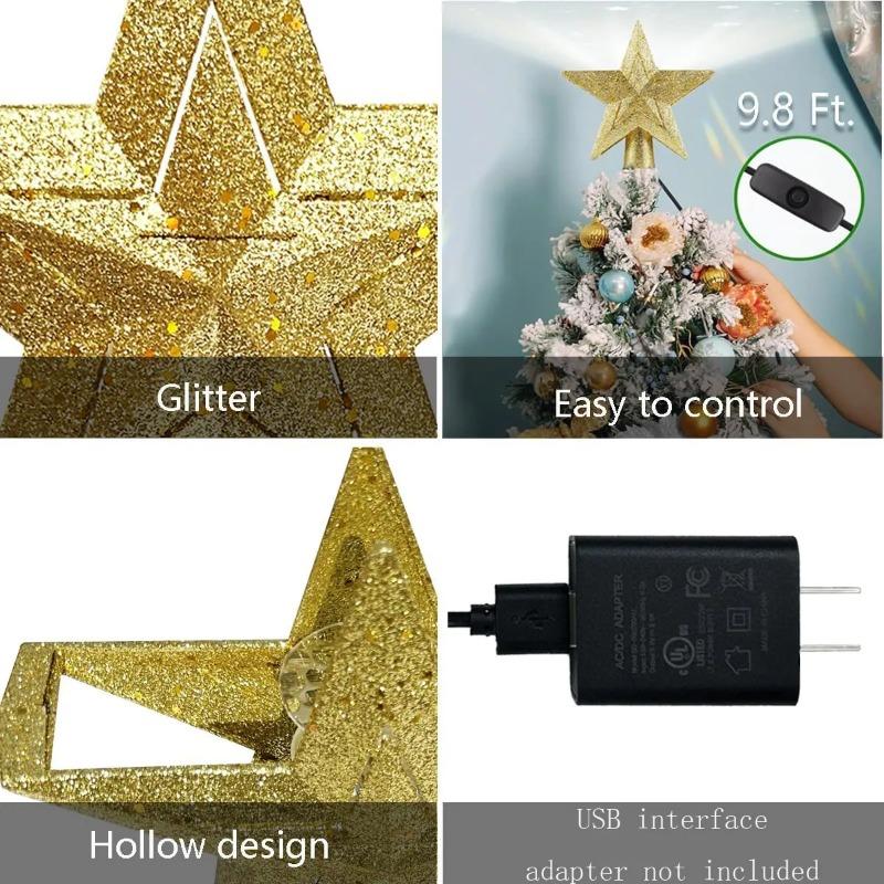 Christmas Tree Topper Projector Gold Star with Highlight LED Rotating Snowflakes and Santa Claus Projector Xmas Tree Top Decore