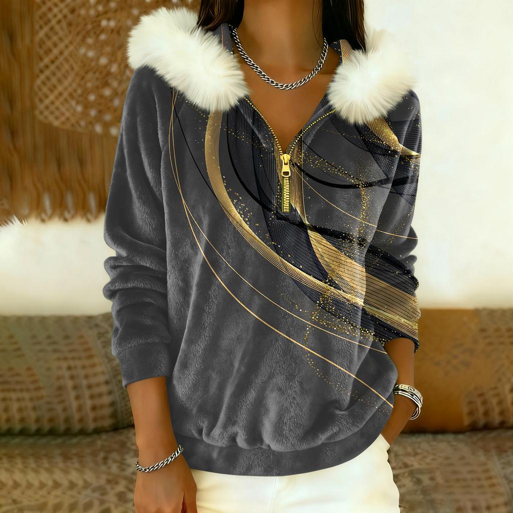 Women's Loose And Comfortable Casual Fashion Half-Zip Hooded Long Sleeve Conventional Printing Top