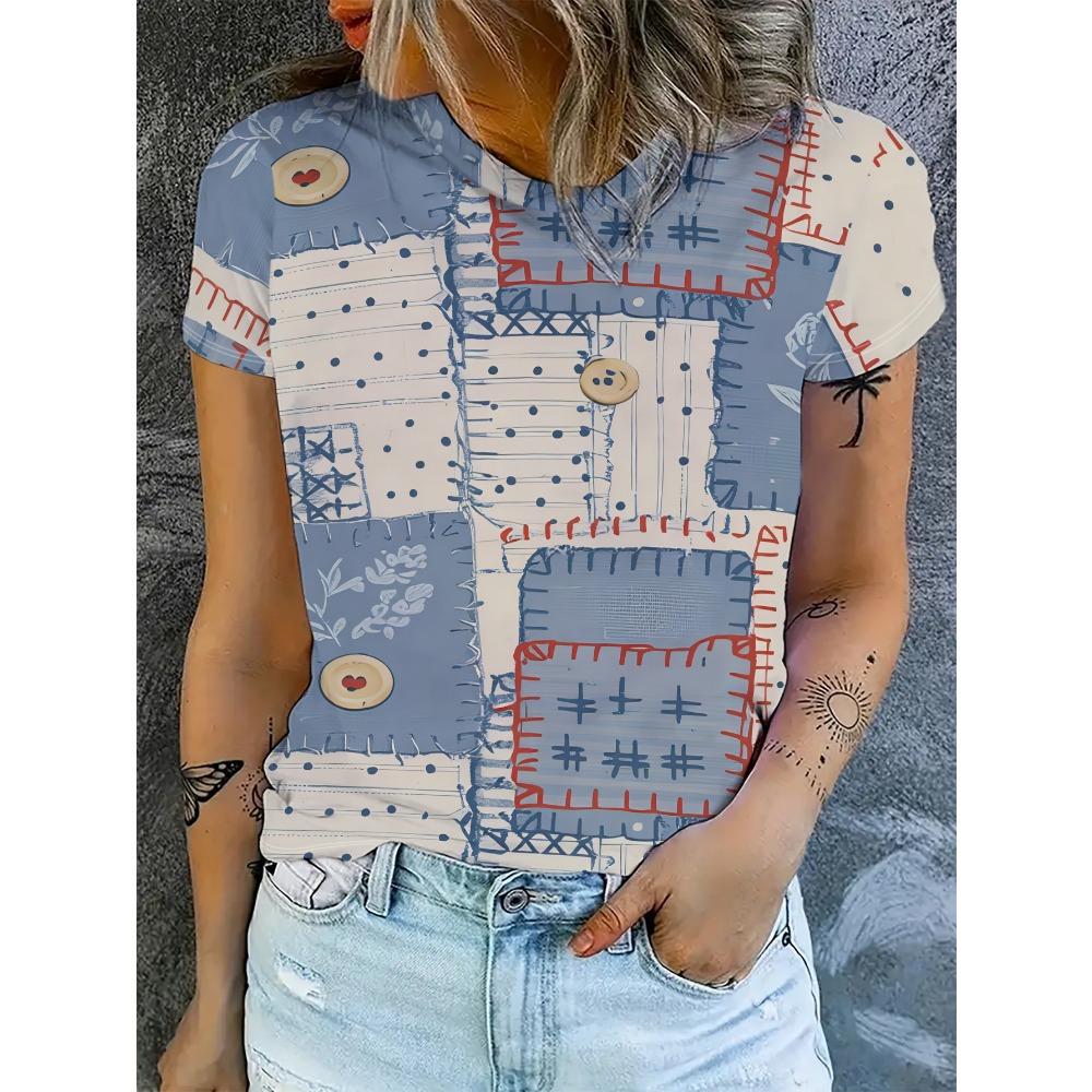 Women s short sleeved T-shirt with blue and white patchwork style 2XS