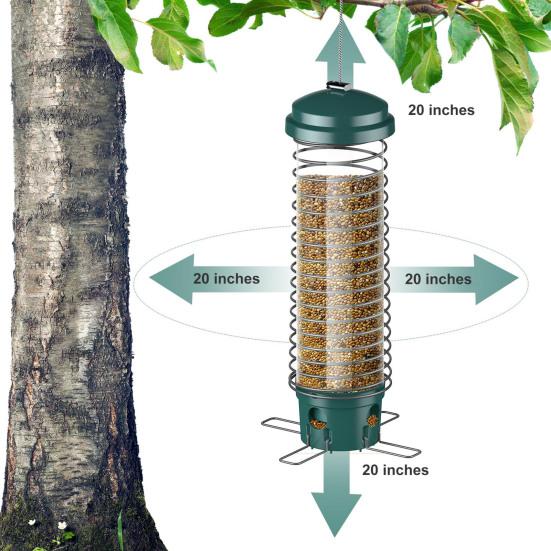 Hrănitoare pentru păsări rezistentă la veverițe, suspendată în grădină, metalică, cu distribuitor de semințe pentru păsări, cu 4 orificii de hrănire, pentru exterior, curte, cardinals, cinteze, gaițe albastre