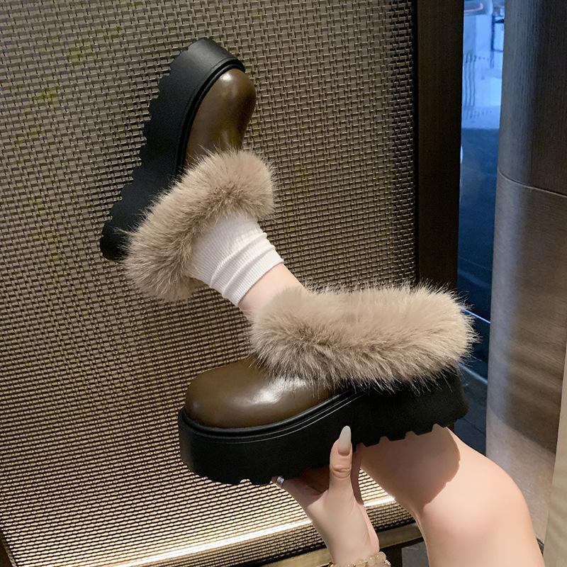 2025 Autumn and Winter New Korean Version of High-end Lazy Thick-soled Heightening Cotton Shoes Fashionable Versatile Plush Warm Fluffy Shoes