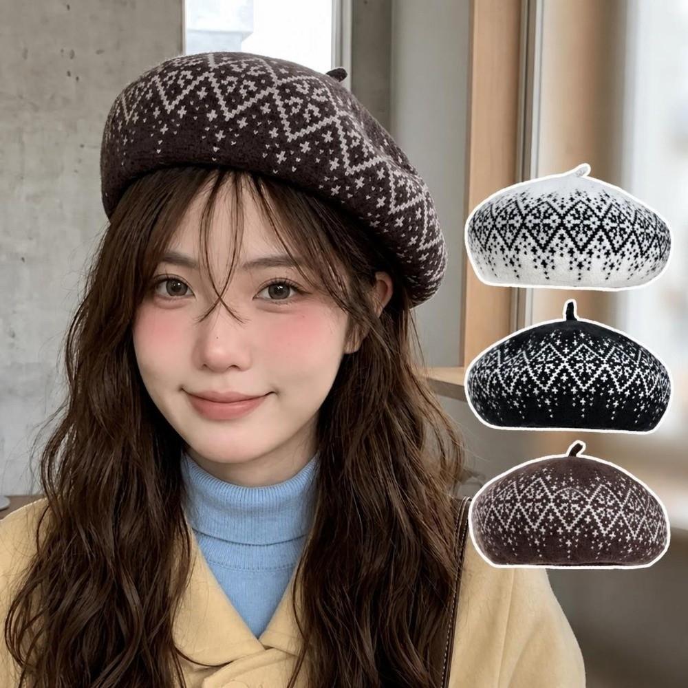 Keep Warm Beret Hat Retro Pattern Kintted Hat Retro Fashion Hat Autumn