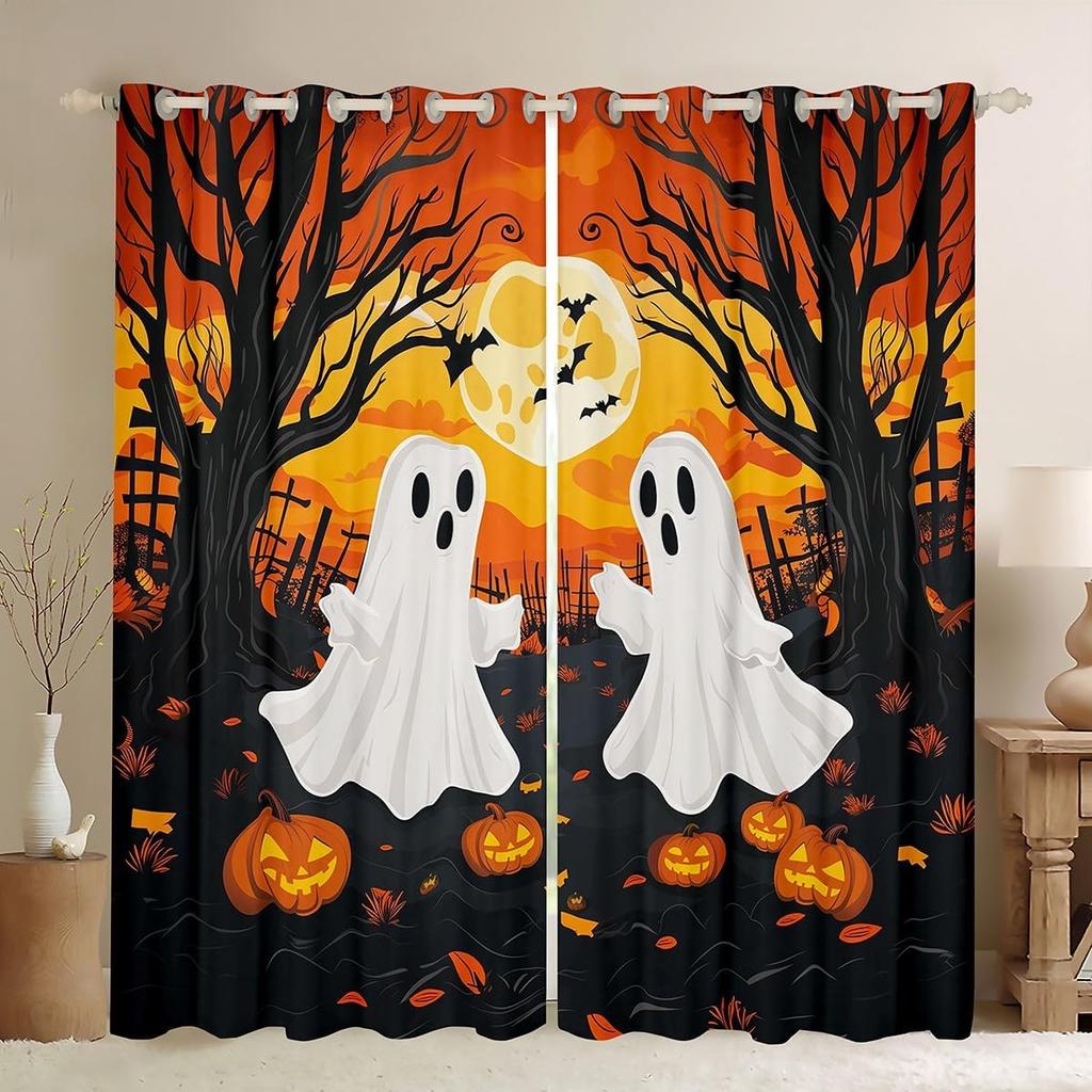 Cute Ghost Curtains Halloween Window Gothic Treatments Drapes Boys Teen Bedroom Living Room Decor Curtain Light Blocking For Sitting Made Of Polyester
