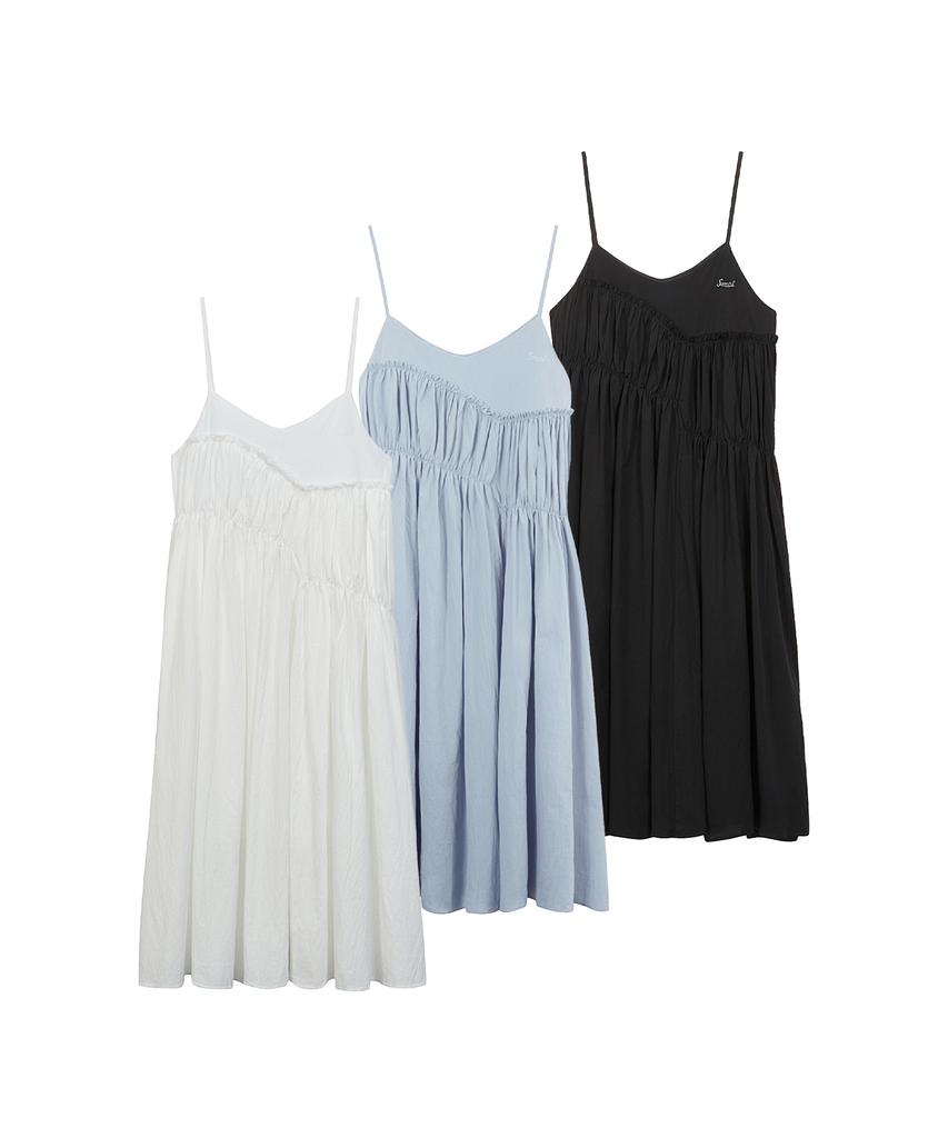 Canvas Smurf Diagonal Shirred Sleeveless Long Dress (3 Colors)