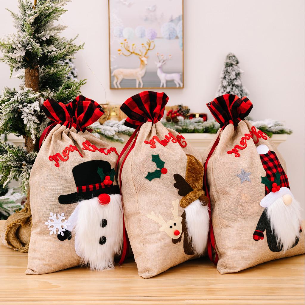 Cartoon Style Christmas Burlap Gift Bags Featuring Merry Snowman Reindeer Design